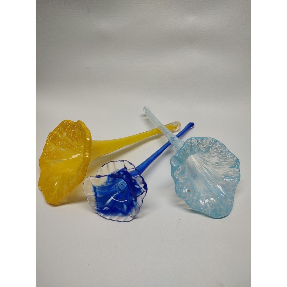 Lot of 3 Art Glass Stem Flowers 1 Bristow Studio USA Blue Yellow 8-9"